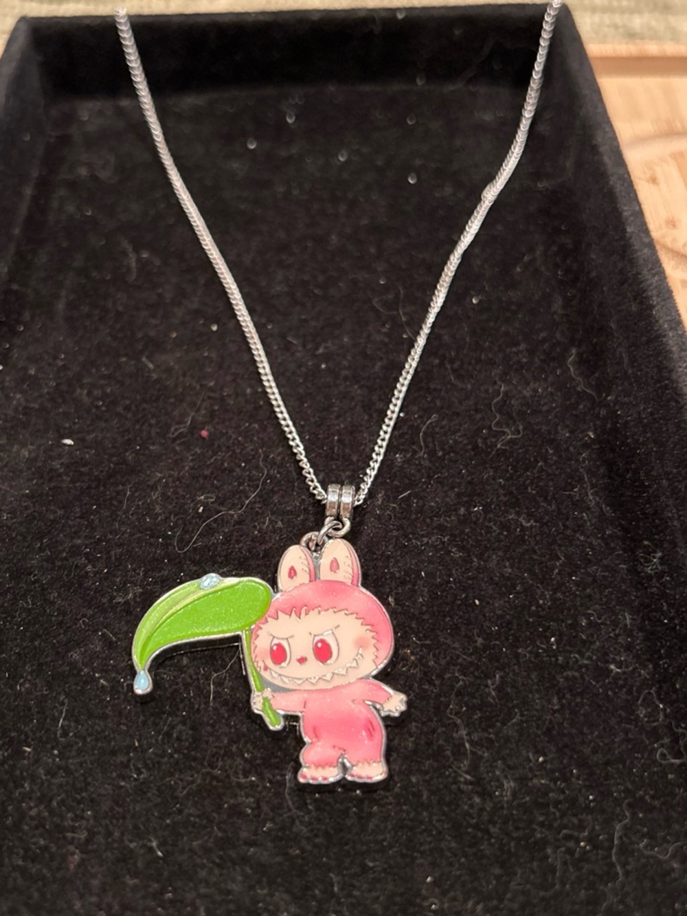 Pink Bunny Character Pendant Necklace with Green Leaf Charm